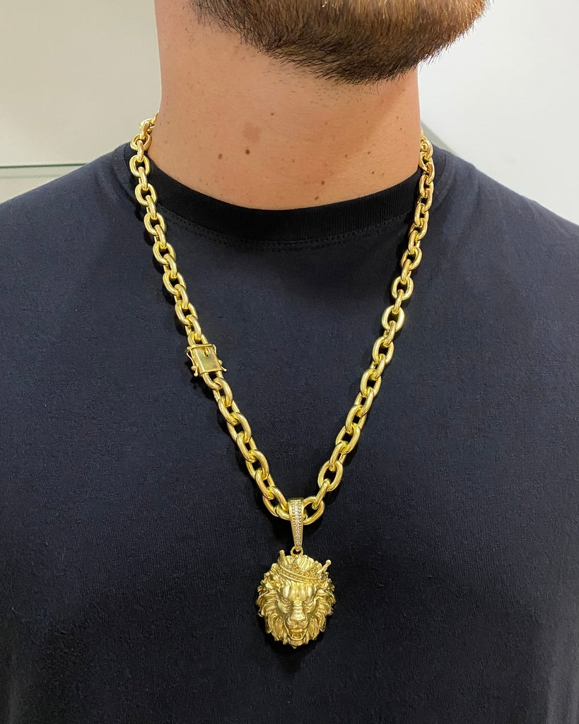 CORRENTE CADEADO 12MM + PINGENTE LEÃO CRAVEJADO