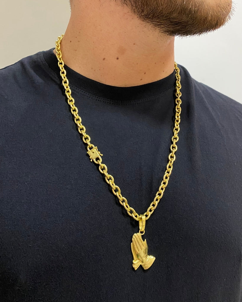 CORRENTE CADEADO 8MM + PINGENTE MÃO ORAÇÃO GRANDE