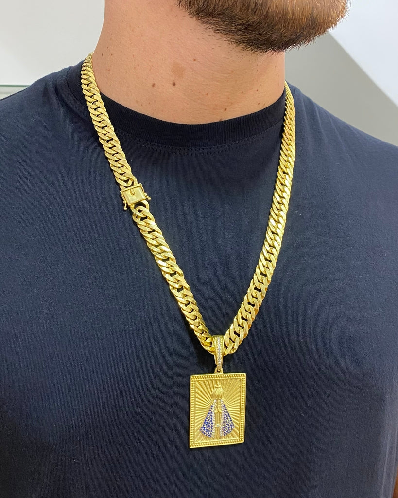 CORRENTE GRUMET LAMINADA 12MM + PINGENTE NOSSA SENHORA APARECIDA CRAVEJADO QUADRADO