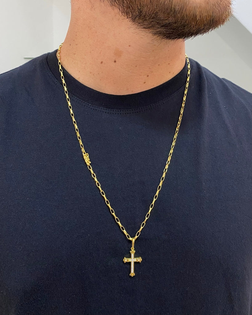 CORRENTE TIJOLINHO 3MM + PINGENTE CRUZ CRAVEJADA MÉDIO