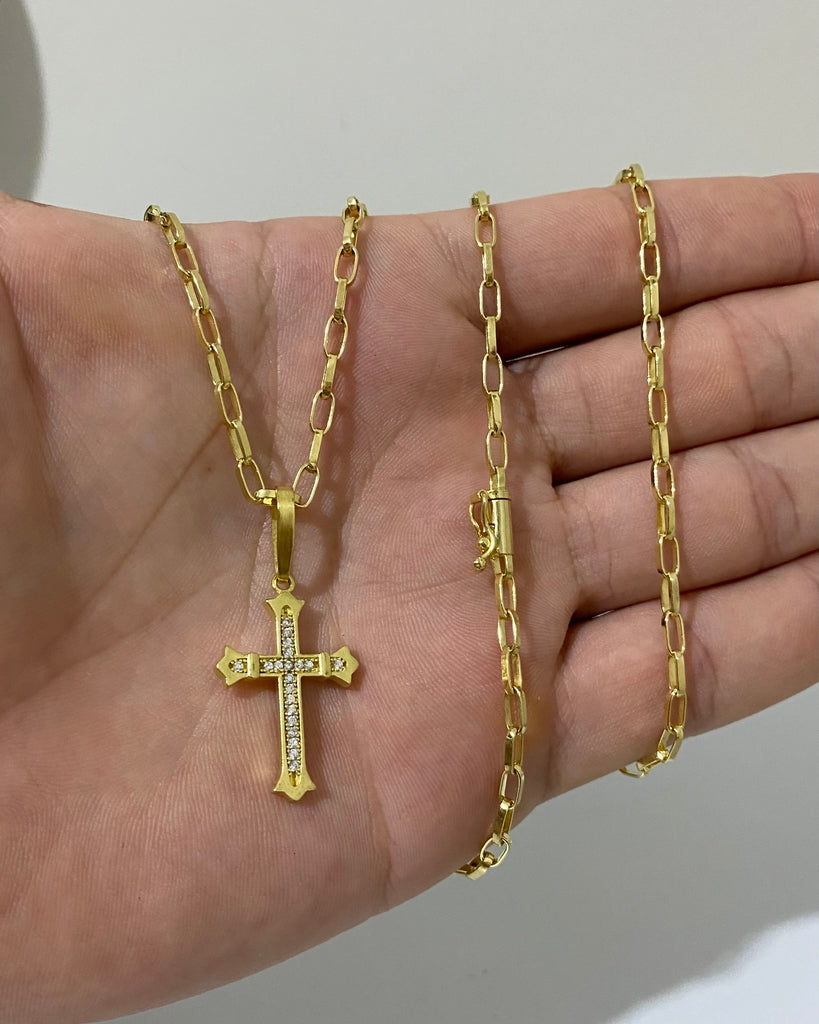 CORRENTE TIJOLINHO 3MM + PINGENTE CRUZ CRAVEJADA MÉDIO