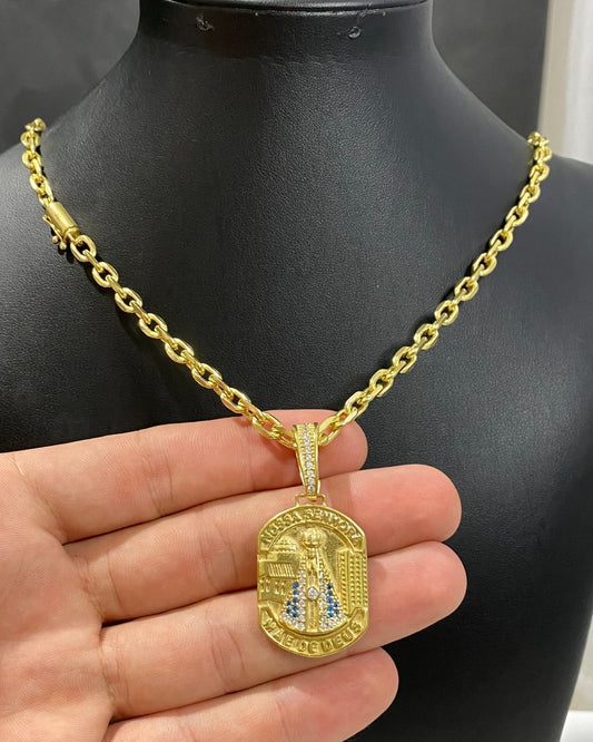 CORRENTE CADEADO DE QUINA 5MM + PINGENTE NOSSA SENHORA MÃE DE DEUS CRAVEJADO