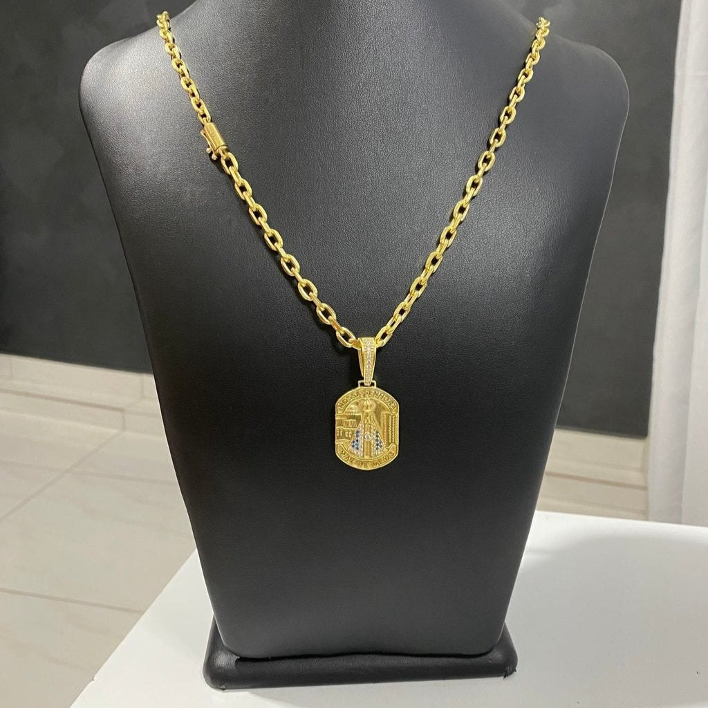 CORRENTE CADEADO DE QUINA 5MM + PINGENTE NOSSA SENHORA MÃE DE DEUS CRAVEJADO
