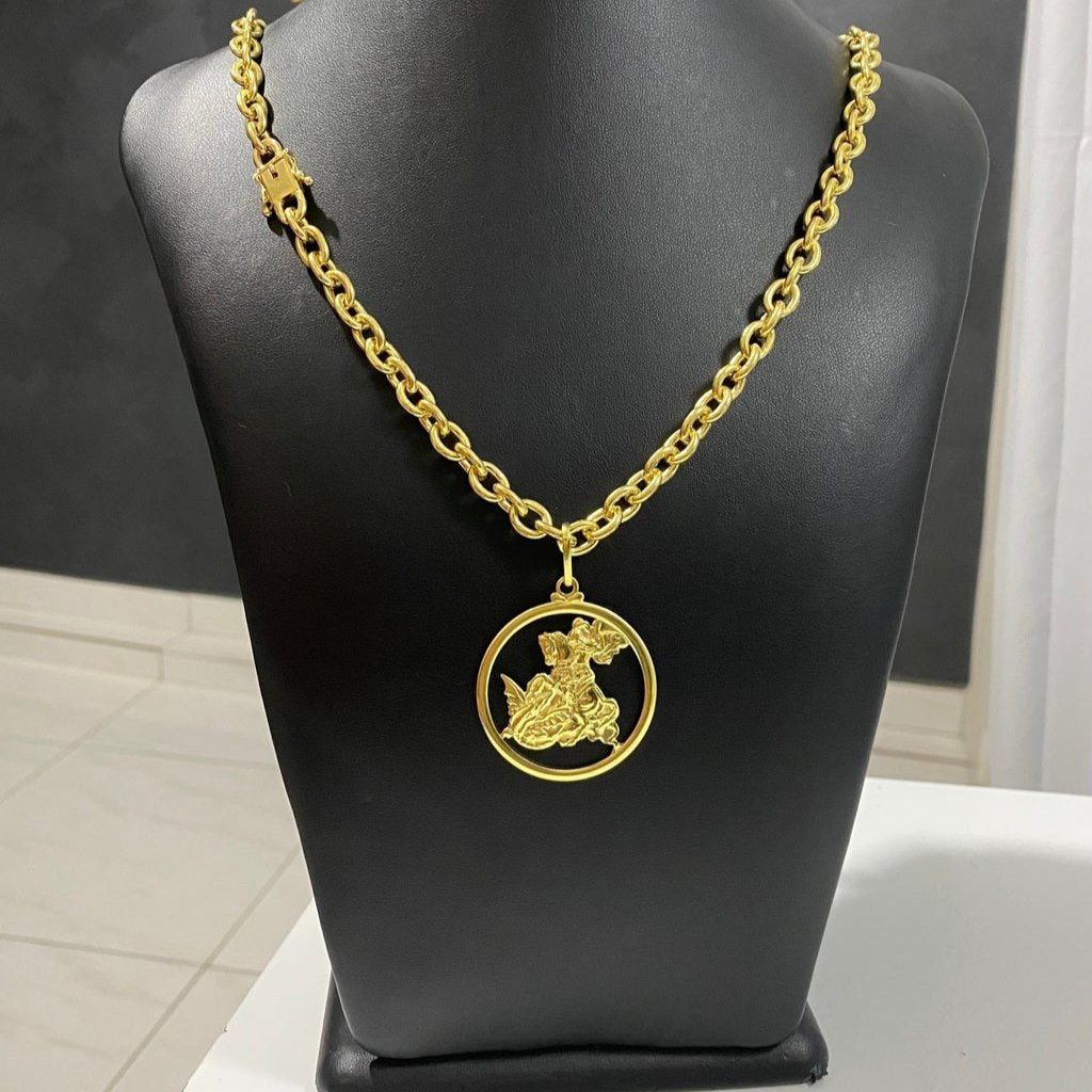 CORRENTE CADEADO 8MM + PINGENTE SÃO JORGE VAZADO COM ARO