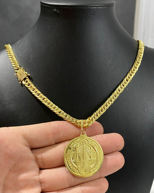 CORRENTE GRUMET LAMINADA 8MM + PINGENTE MEDALHA DE SÃO BENTO FRENTE E VERSO