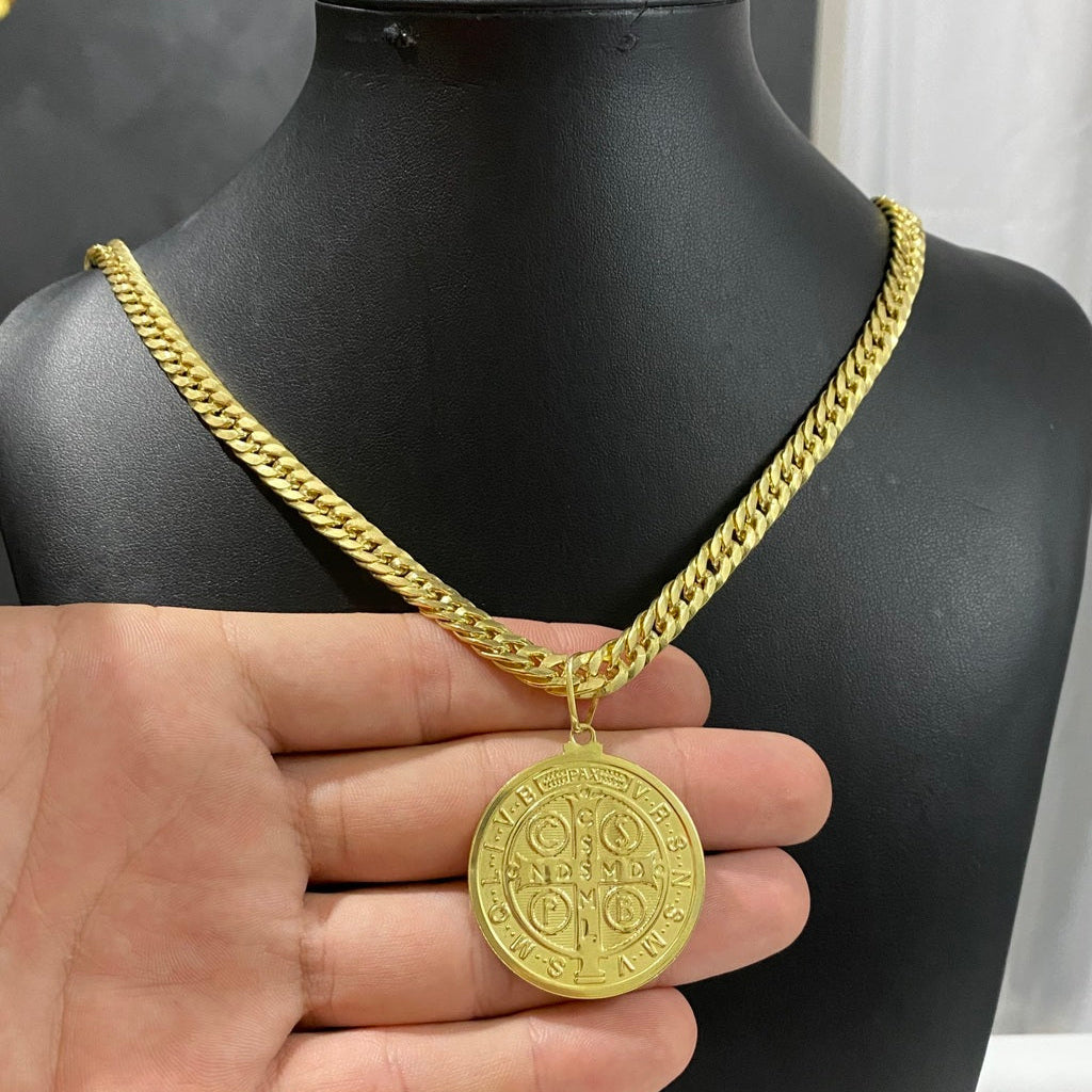 CORRENTE GRUMET LAMINADA 8MM + PINGENTE MEDALHA DE SÃO BENTO FRENTE E VERSO