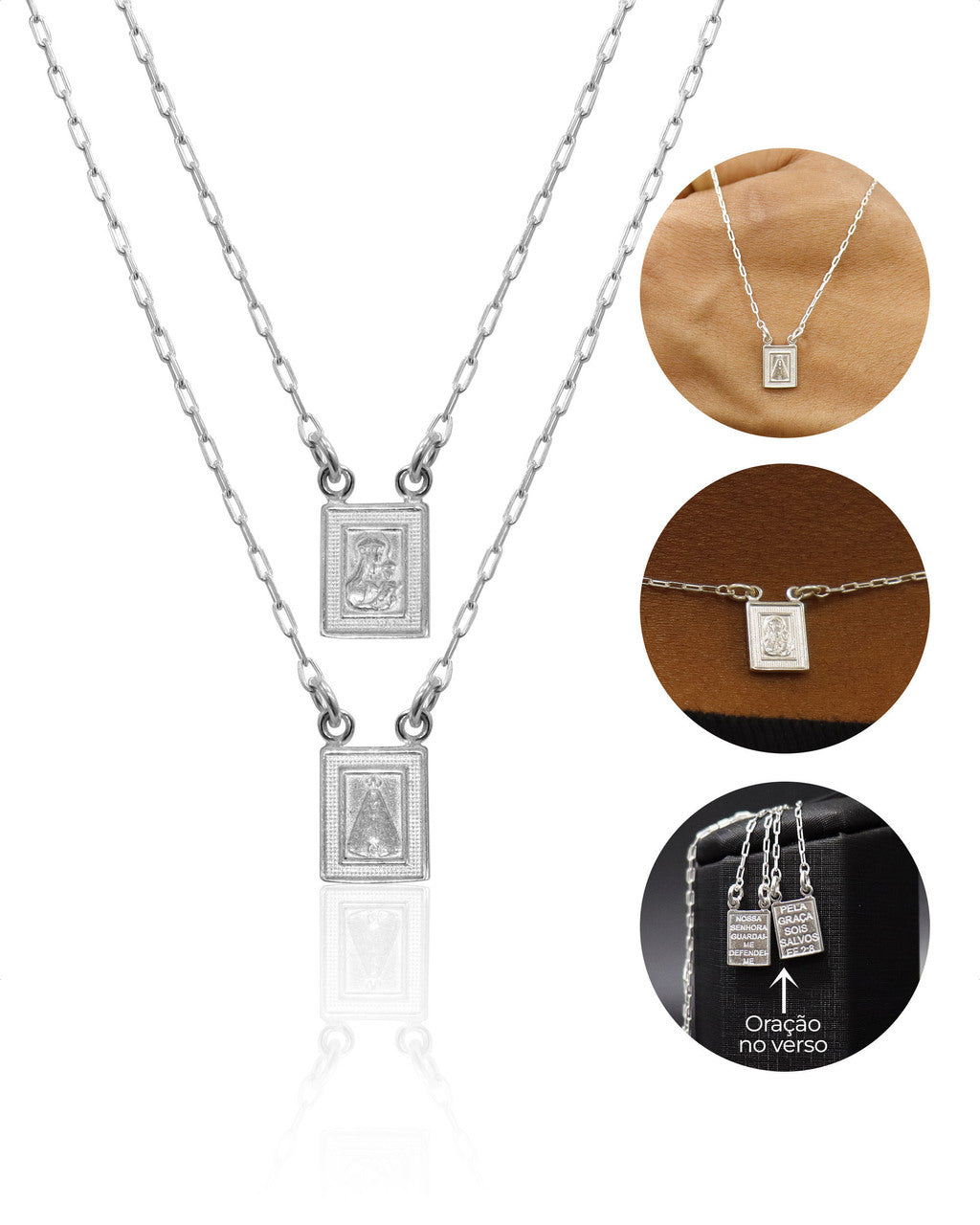 ESCAPULÁRIO PRATA 925: NOSSA SENHORA DO CARMO E NOSSA SENHORA APARECIDA COM ORAÇÃO