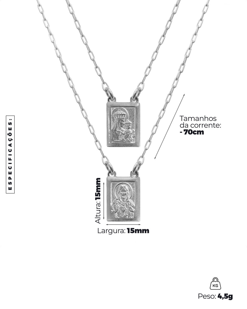 ESCAPULÁRIO PRATA 925: SAGRADO CORAÇÃO DE JESUS E NOSSA SENHORA DO CARMO COM ORAÇÃO