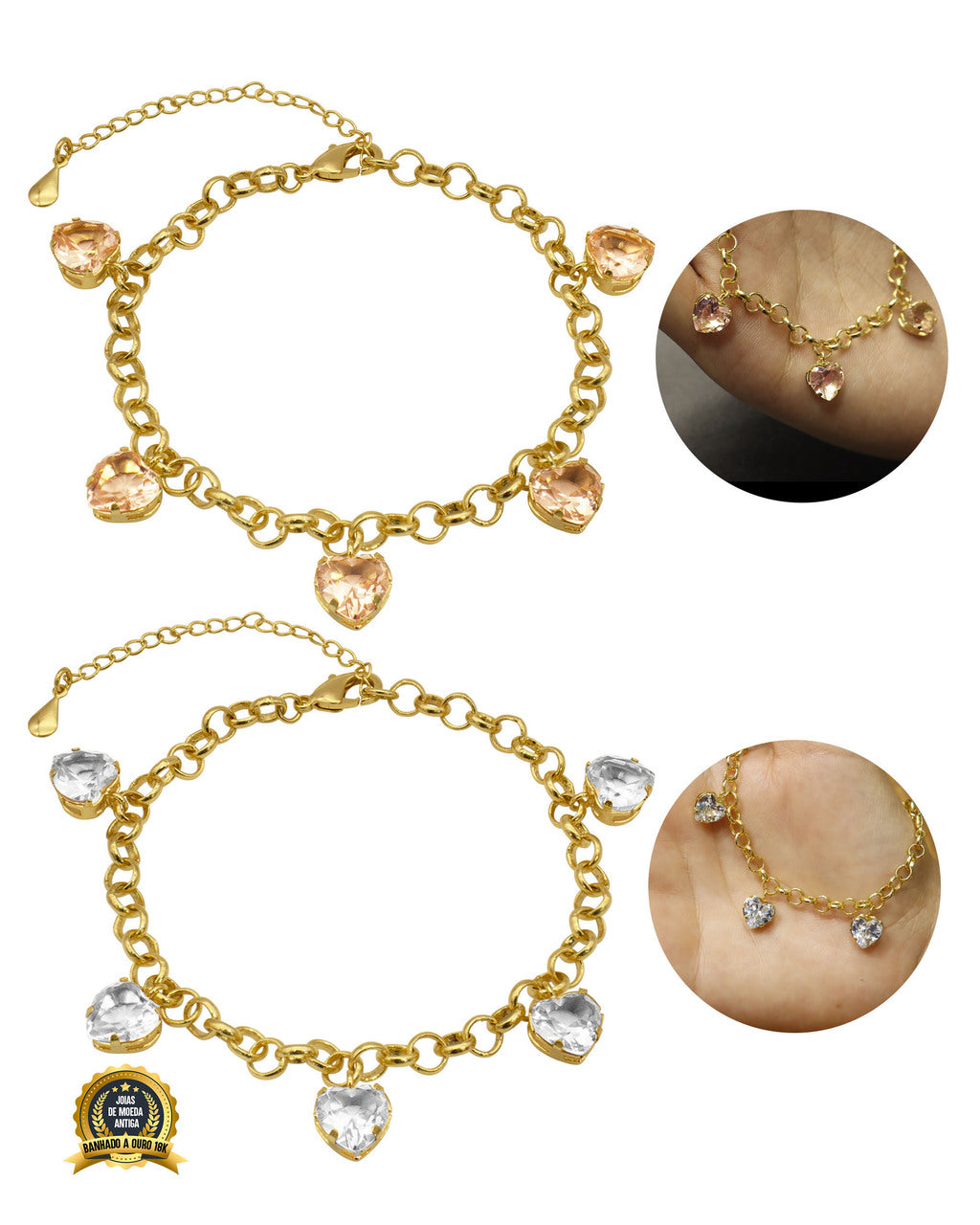 PULSEIRA BANHADA: ELO PORTUGUÊS 4MM COM PINGENTE EM PEDRA ROSA