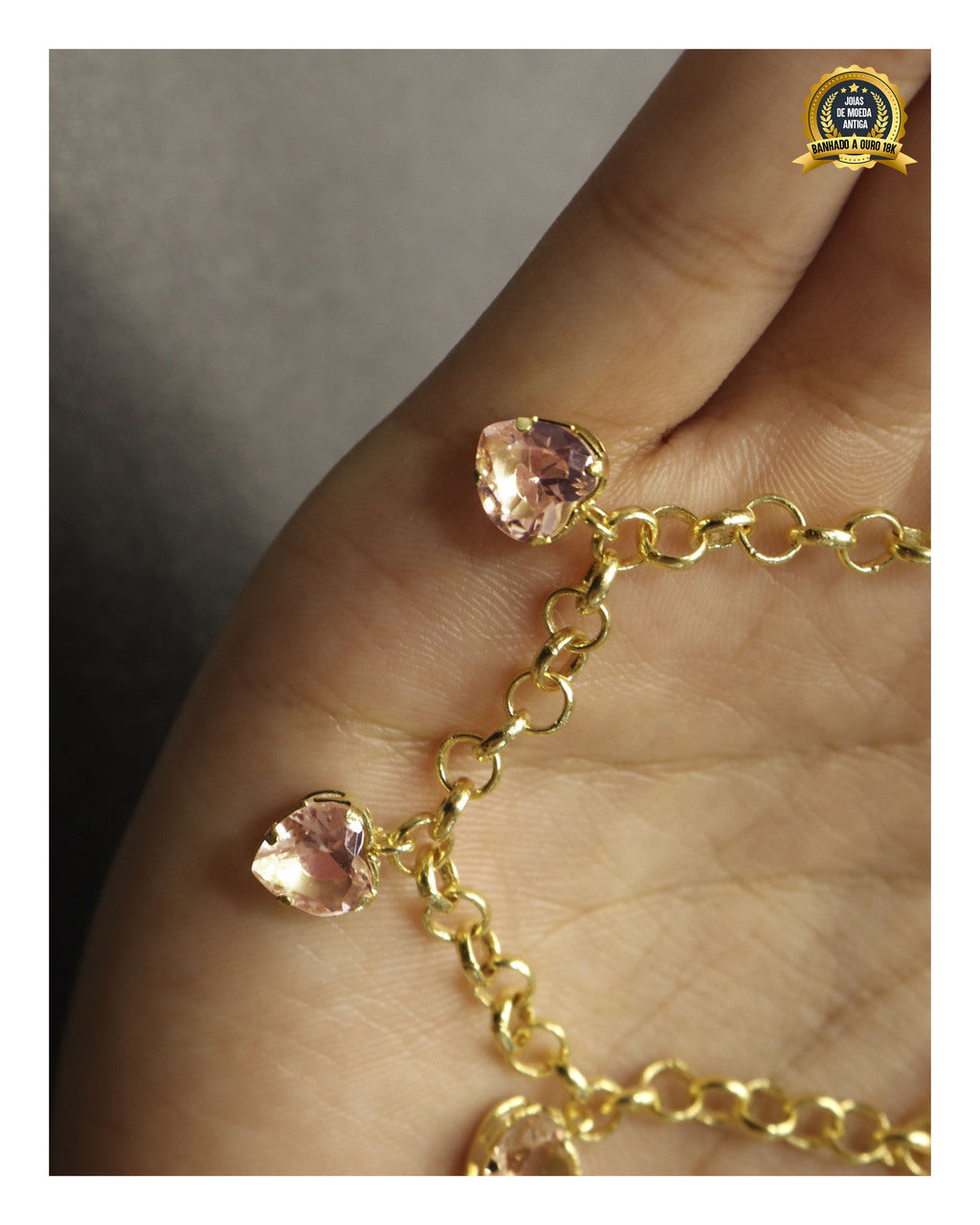 PULSEIRA BANHADA: ELO PORTUGUÊS 4MM COM PINGENTE EM PEDRA ROSA