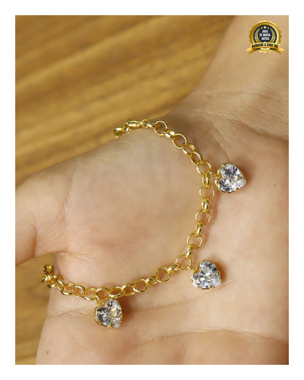 PULSEIRA BANHADA: ELO PORTUGUÊS 4MM COM PINGENTE EM PEDRA ROSA