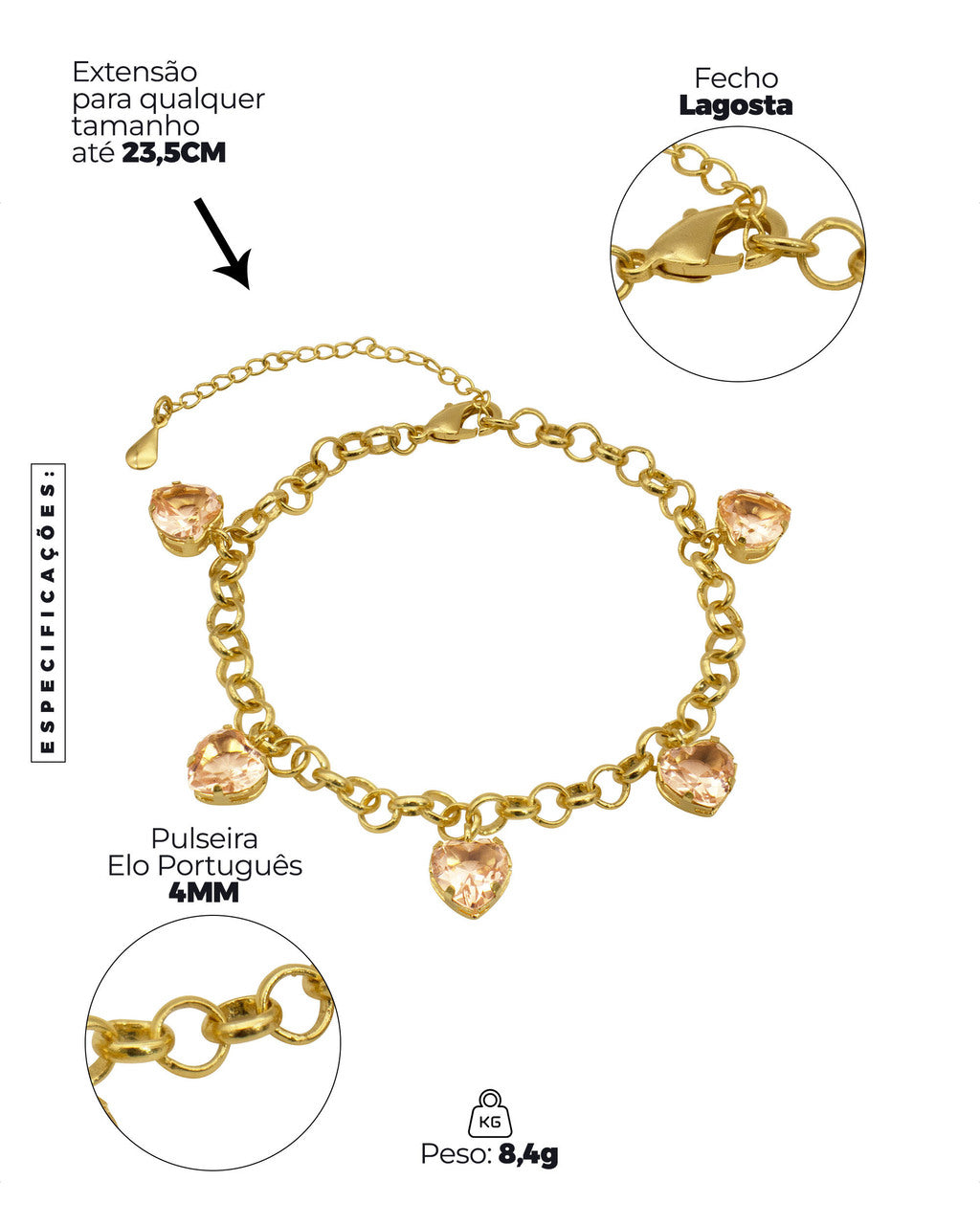 PULSEIRA BANHADA: ELO PORTUGUÊS 4MM COM PINGENTE EM PEDRA ROSA