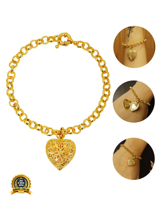 RELICÁRIO BANHADO: PULSEIRA ELO PORTUGUÊS 4MM + PINGENTE CORAÇÃO RELICÁRIO VAZADO