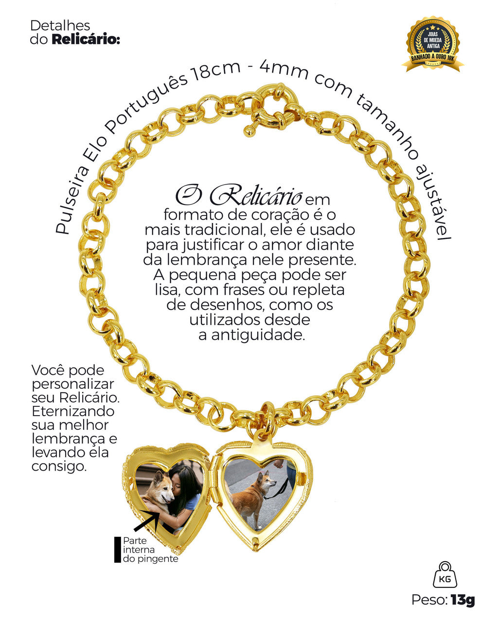 RELICÁRIO BANHADO: PULSEIRA ELO PORTUGUÊS 4MM + PINGENTE CORAÇÃO RELICÁRIO VAZADO