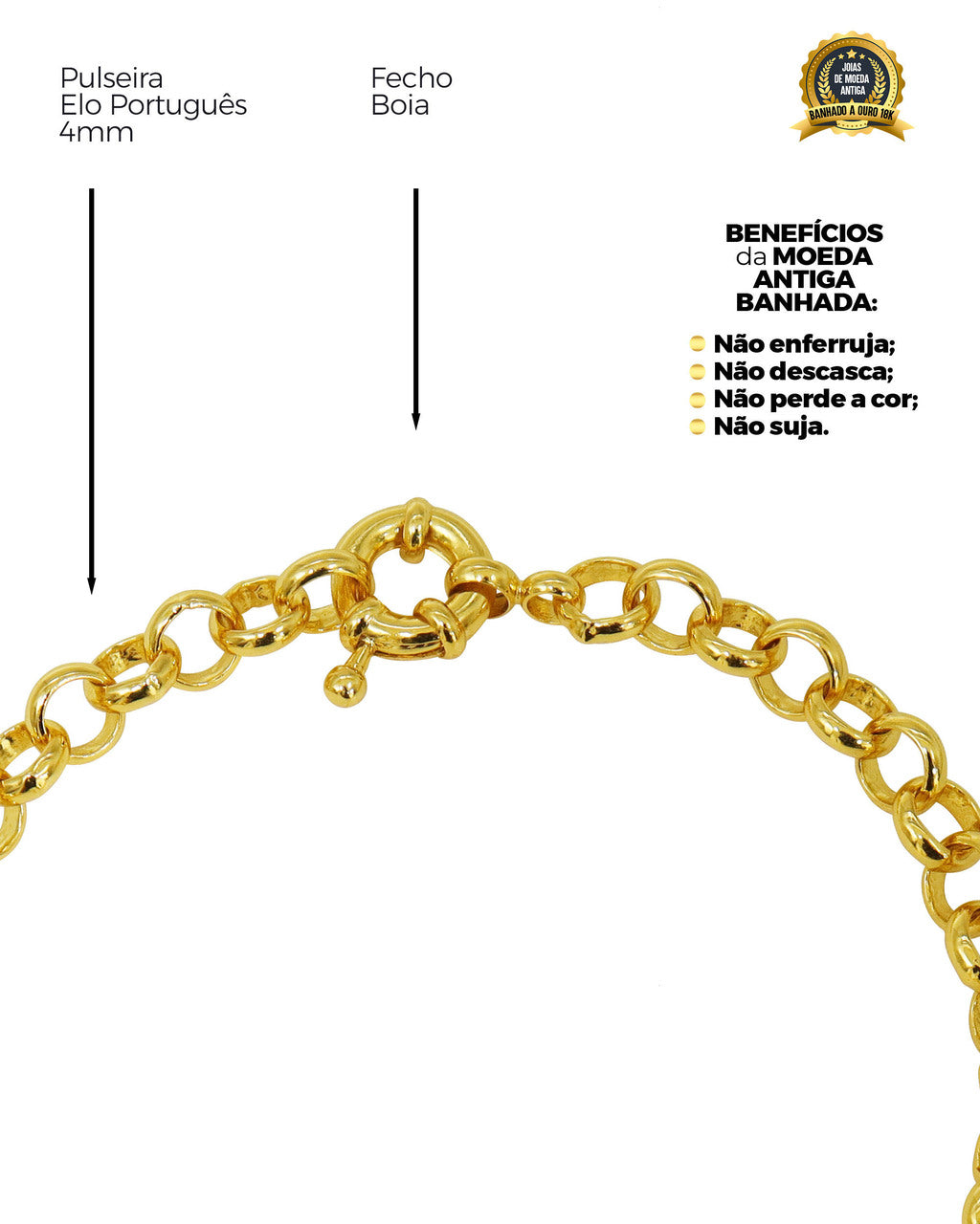 RELICÁRIO BANHADO: PULSEIRA ELO PORTUGUÊS 4MM + PINGENTE CORAÇÃO RELICÁRIO VAZADO