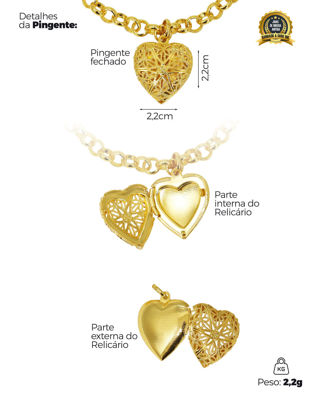 RELICÁRIO BANHADO: PULSEIRA ELO PORTUGUÊS 4MM + PINGENTE CORAÇÃO RELICÁRIO VAZADO